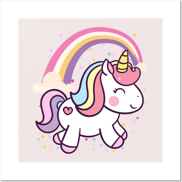 Cute Unicorn With Rainbow and Little Flowers Wall Art by teezeedy